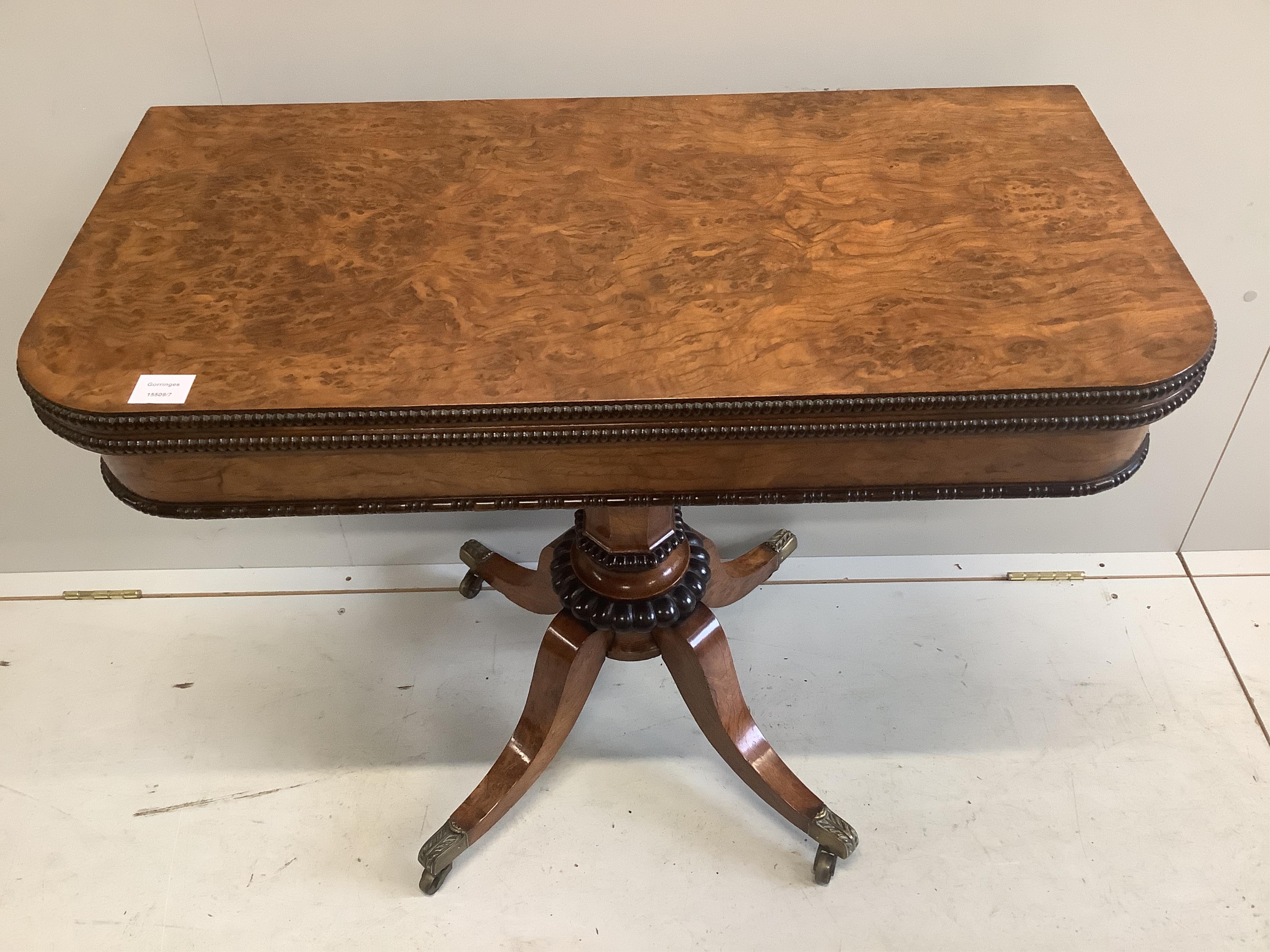 A Regency pollard oak rectangular folding card table, width 92cm, depth 45cm, height 72cm. Condition - good